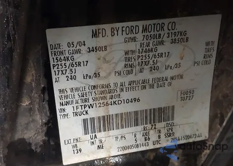 2004 Ford F-150 Lariat/Xlt z USA, uszkodzony, nr VIN 1FTPW12564KD10496